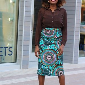 YETUNDE African Print Midi Pencil Skirt - Teal - Small